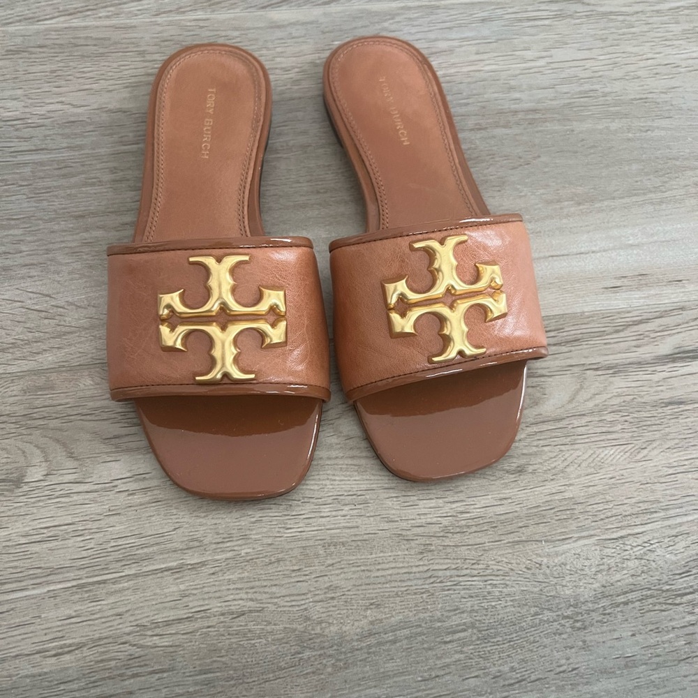 Tory Burch Brown Leather Slide Sandals with Gold Logo